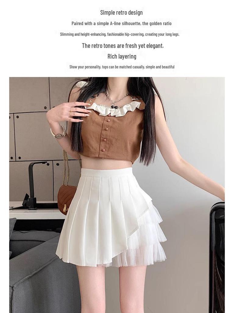 High-Waist A-Line Mesh Pleated Skirt: Women's Summer/Spring 2024 Short Skirt Pants