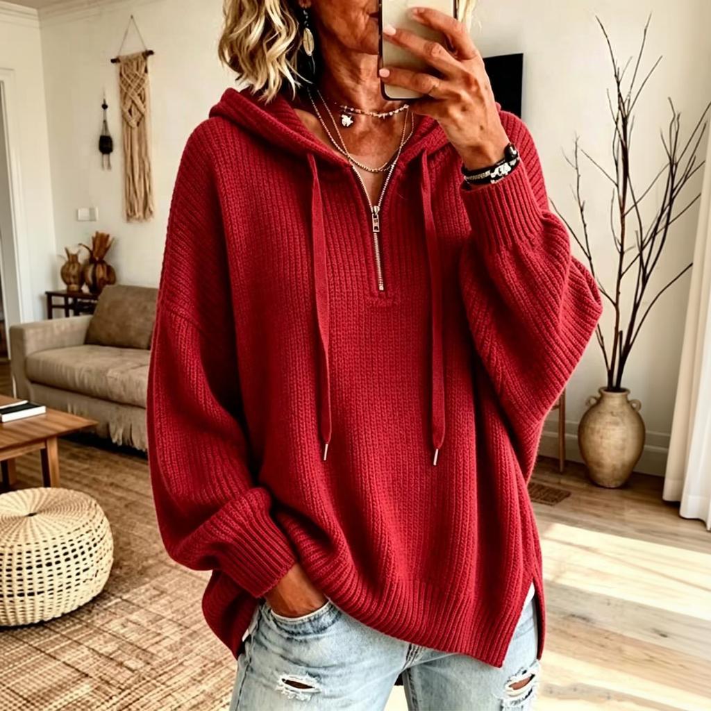 Damen Retro Halber Reißverschluss Kapuzen Strickpullover Pullover Top