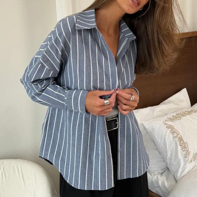 Summer Striped Shirt for Outerwear, Women's Long Sleeved Cardigan