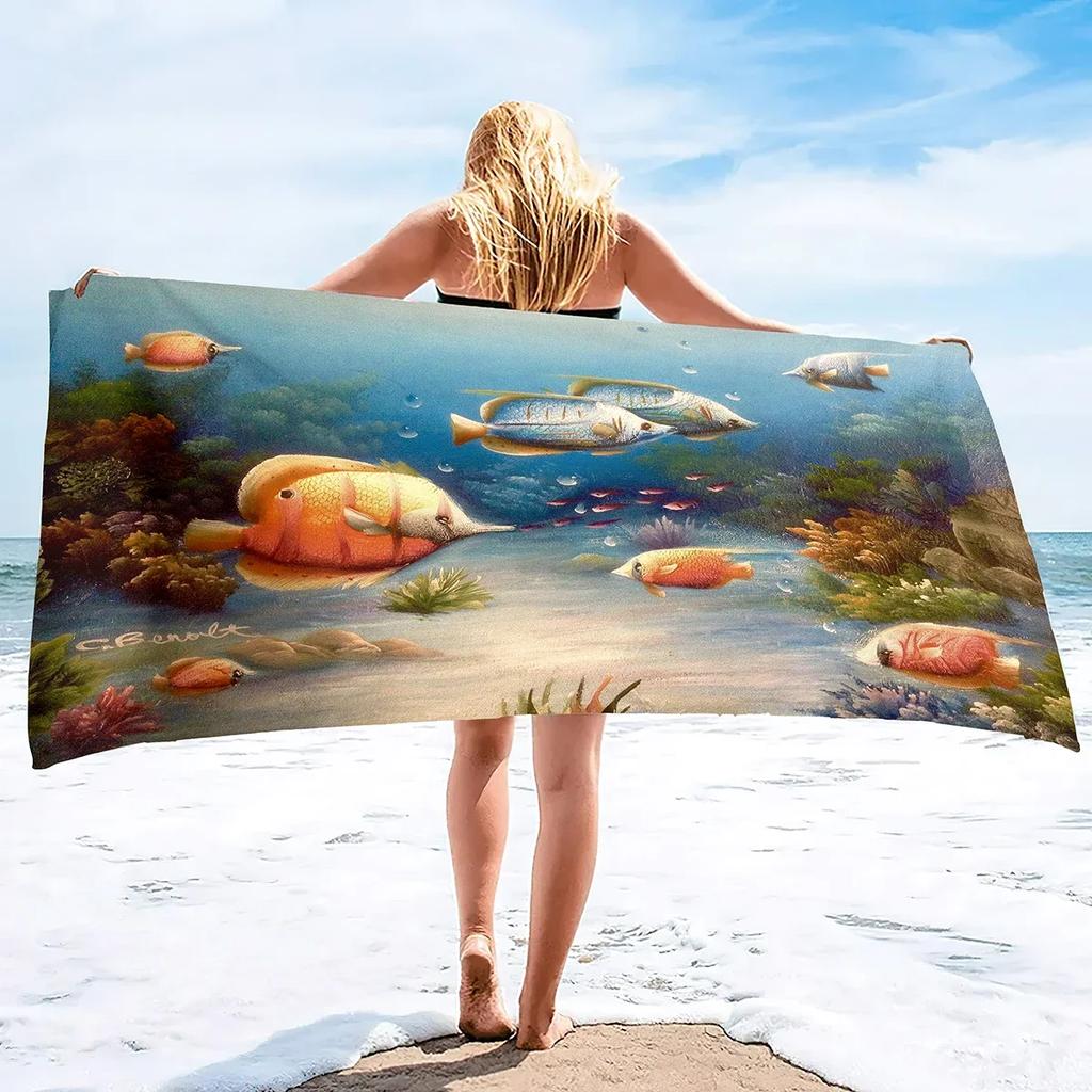 Mikrofaser Handtuch Fischmuster Schnelltrocknend Strandhandtuch Decke, Sanddicht Schwimmbad Handtuch für Reise Camping Sport