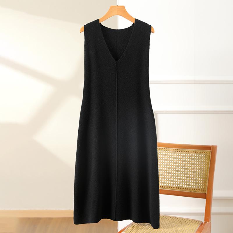 Women's Pure Wool V-Neck Sleeveless Knitted Dress: Below-Knee Length, Pullover Cardigan Style