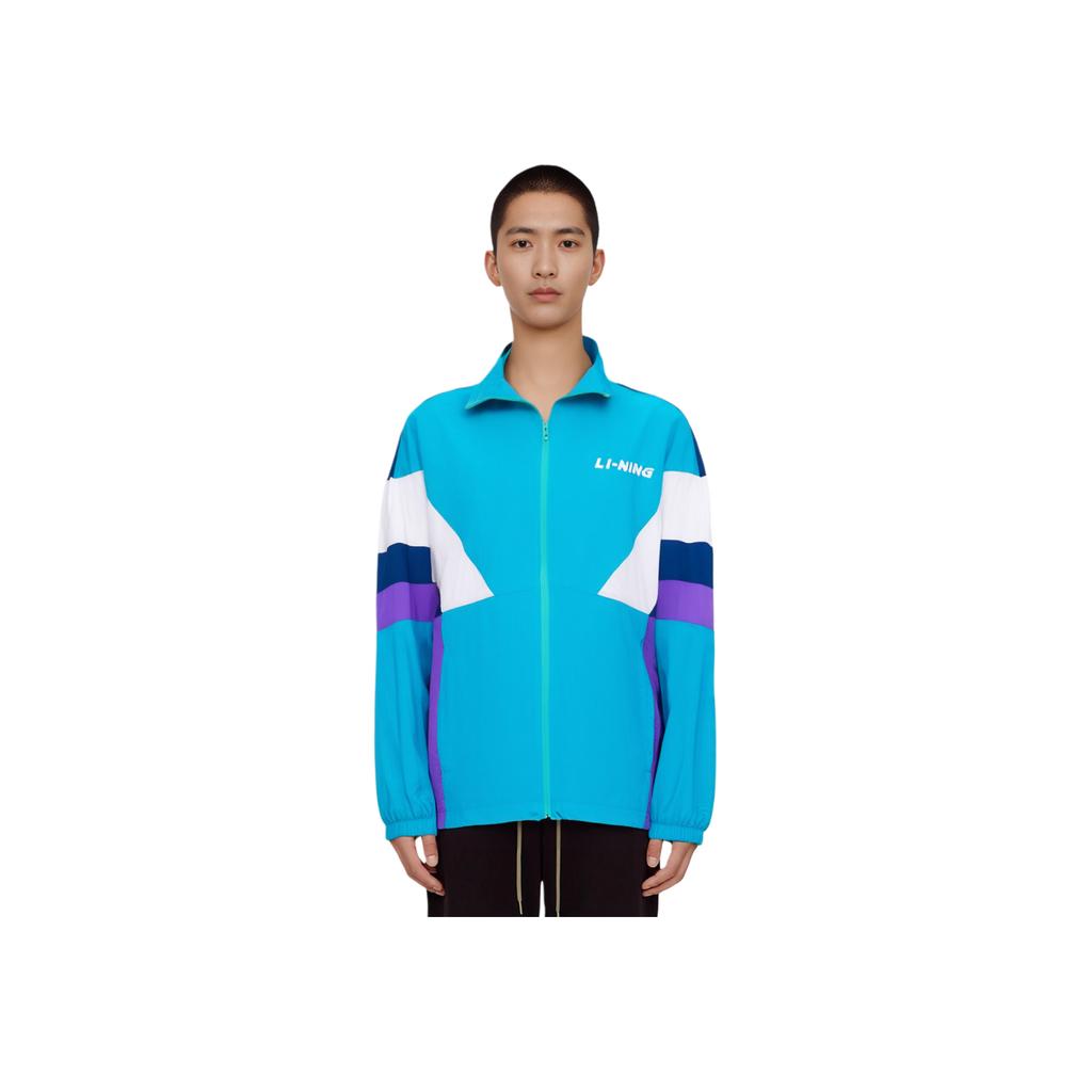 Li Ning Sports Lifestyle Series American Retro Color Block Letter Print Stand Collar Jacket Unisex Jacket Light-Blue AJDT503-1