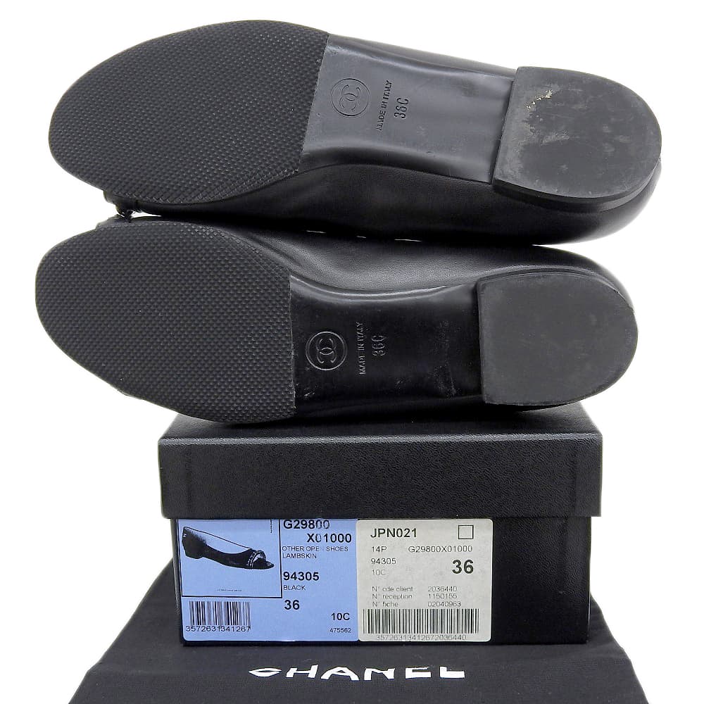 CHANEL CC Logos Chain Design Open-Toe Leather Pumps, Women's, Black x Silver, Size 36C, 14P, G29800 shoes 36C Black / SilverUsed