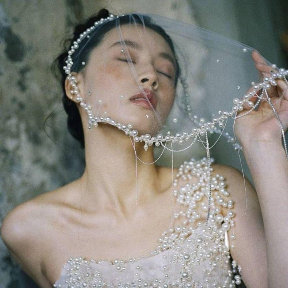 Tassels Wedding Veils Pearls Beads Bride Head Gauze Elegant Brides Veil Bride Jewelry