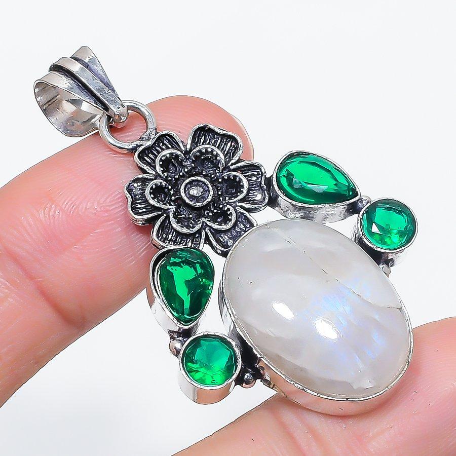 Natural Moonstone, Diopside 925 Sterling Silver Jewelry Pendant 2.09" D7C14