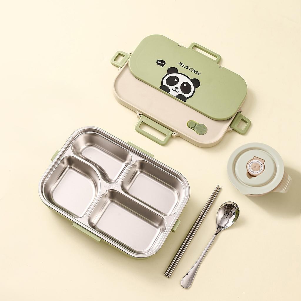 4/5 Grids Cartoon Lunch Container With Tableware 4/5 Compartment Portable 304 Stainless Steel Bento Lunch Box For Kids Students