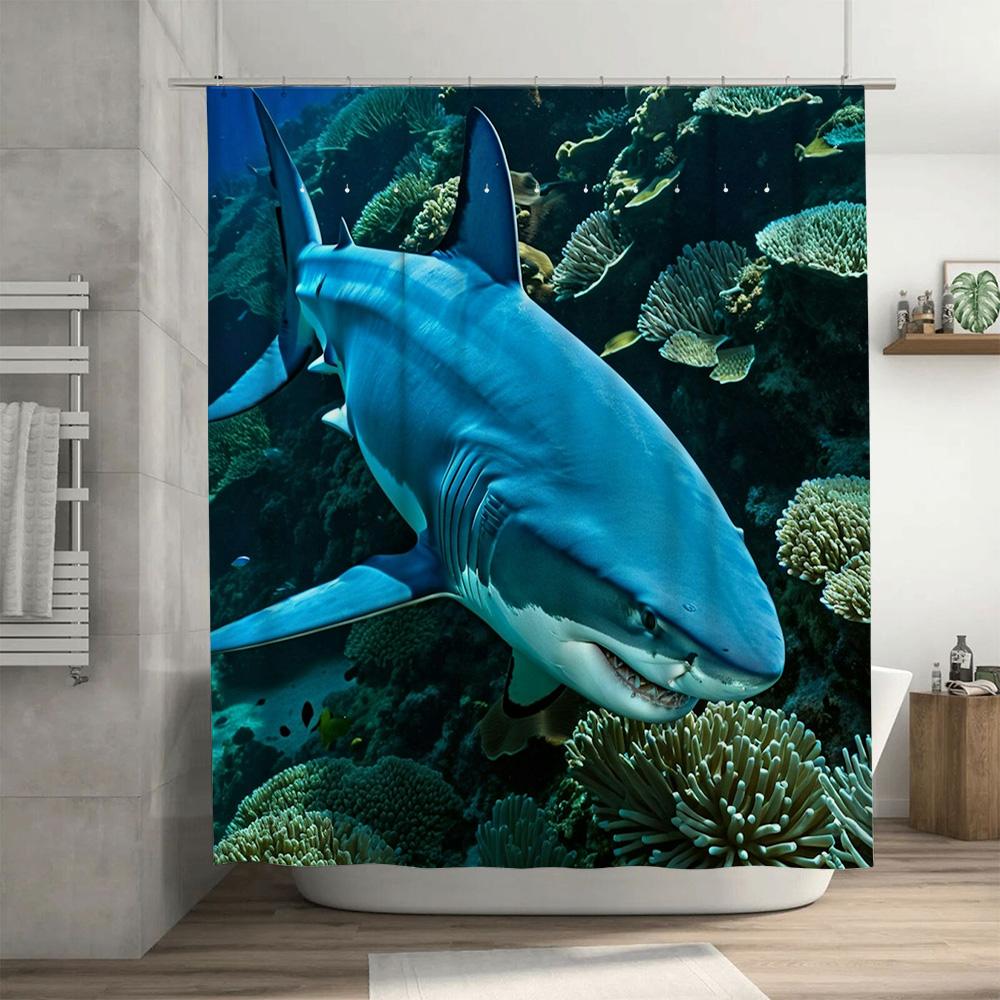 Oceanic Blue Shark Bath Curtain Set Underwater Coral Scene Wall Hanging Shower Curtains for Bathroom Decorations in Home Interio