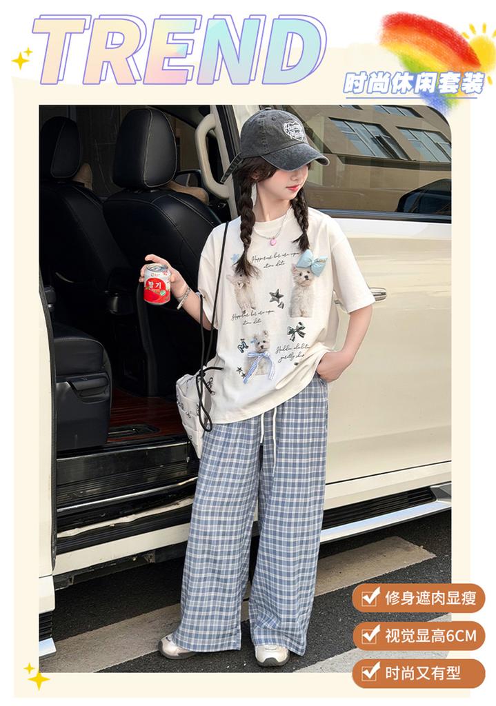 Girls' short sleeved T-shirt and long pants set for summer 2026, new trendy children's fashion, girls' checkered pants for summer wear