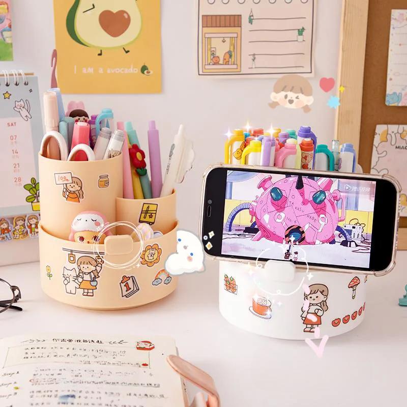 Kawaii Plastic Multifunctional Desktop Organizer Pen Holder Mobile Phone Stand Holder Rotating Pen Holder School Stationery