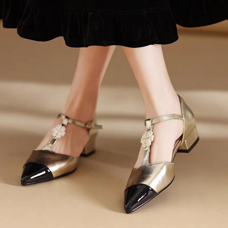 

Fashion Pointed Toe Flower Women Sandals Elegant Heeled Shoes 2025 Summer Luxury Chunky Leather Shoes Loafers Mary Janes Sandalias Mujer 35 золотой