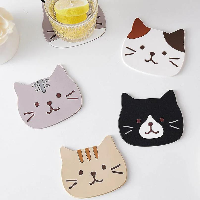 Cute Cat Cup Coasters, Reusable Silicone Drink Coasters Non Slip, Washable Heat Resistant Glass Cup Rubber Pad Mat Novelty Gifts