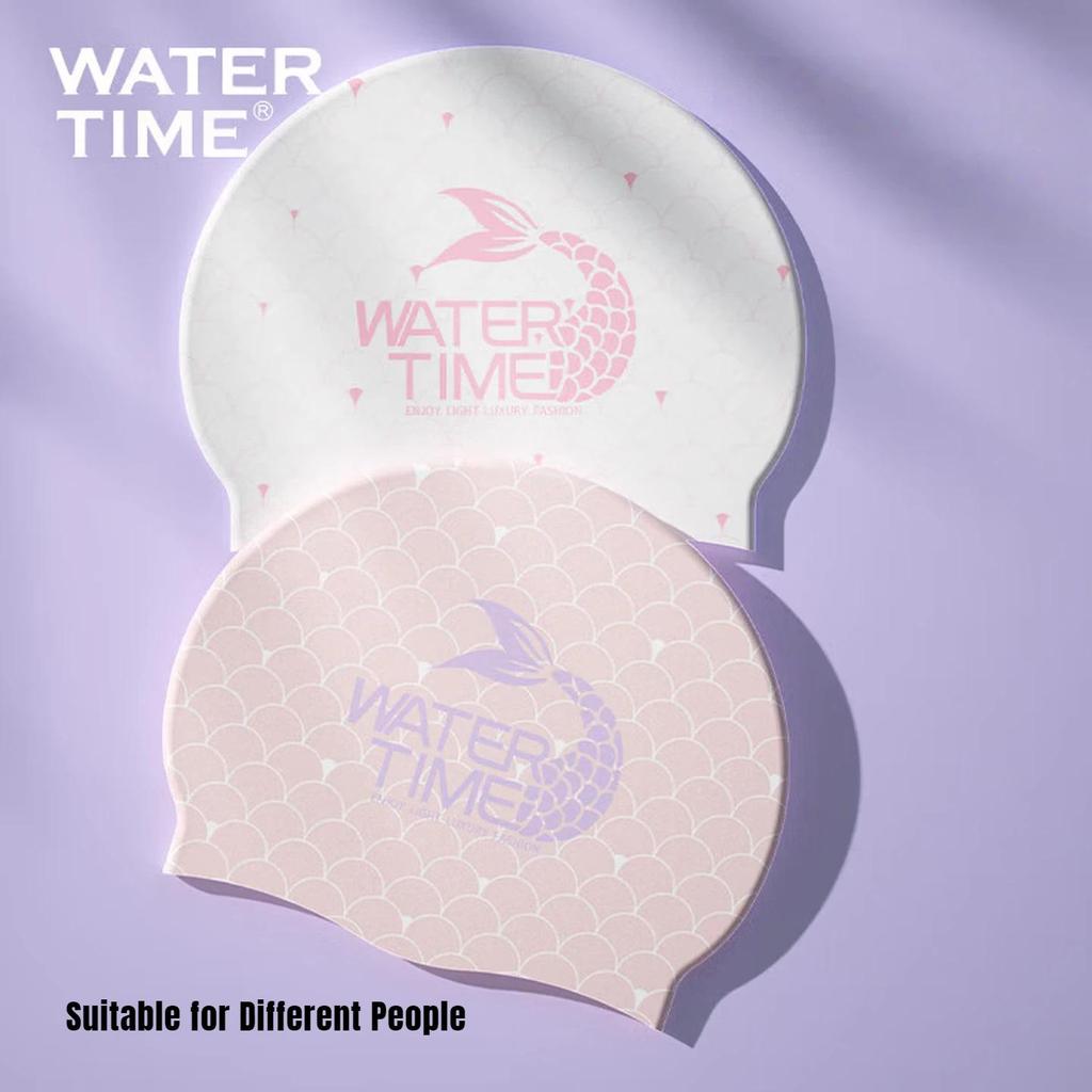 WATERTIME Silicone Swimming Cap, Extra Large Size for Long Hair, Mermaid Series, Pink