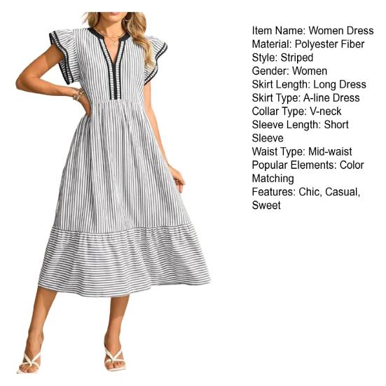 Abito Midi a Strisce da Donna Manica a Sbuffo a Cappuccio Scollo a V Svasato Lungo Abito Estivo per Vacanze al Mare Abito a Sbuffo Fluttuante