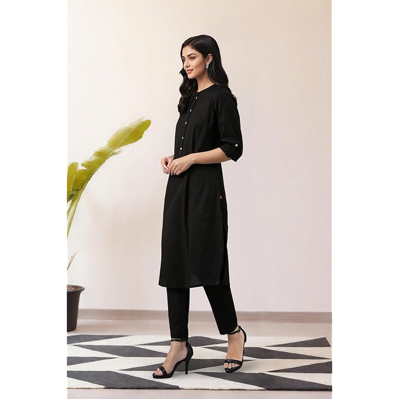 

W Black Cotton Blend Solid Straight Long Kurta for Women 3XL