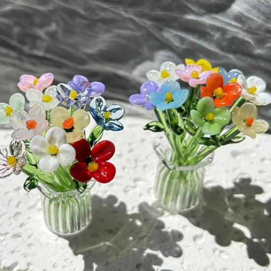 Hand Blown Mini Glass Flower Figurine Collectible Miniature Faux Crystal Flower Ornaments for Mothers Day Birthday Table Centerpiece DIY Craft