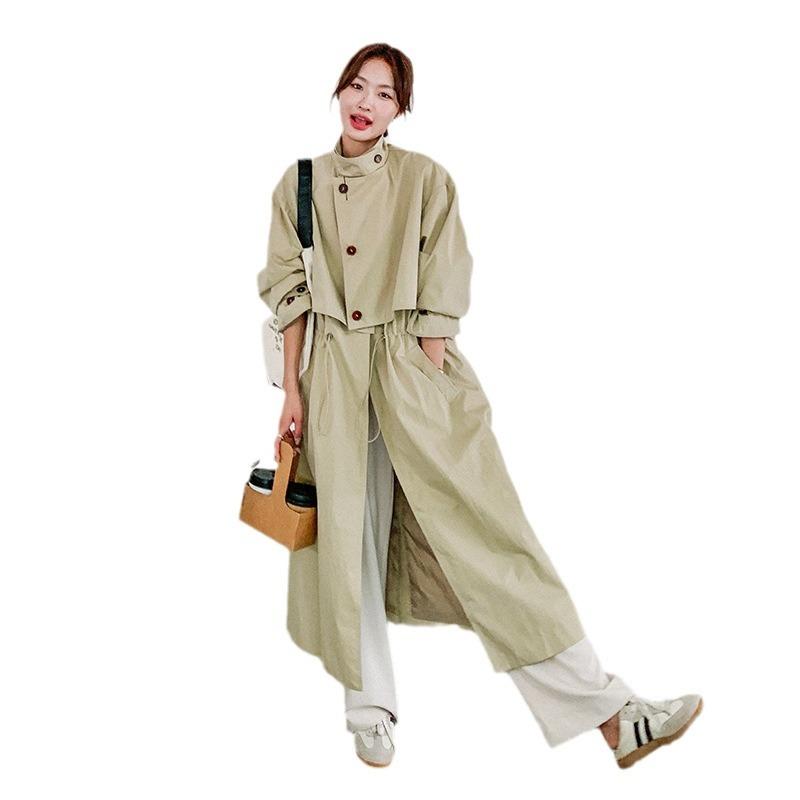Spring Apricot Trench Coat Long Coat for Women Loose Large Size Design Drawstring Waist Trench Coat
