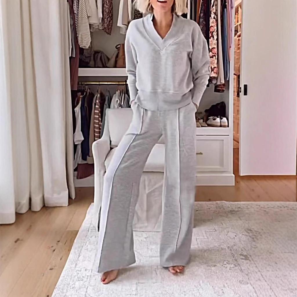 European & American Women's V-Neck Long Sleeve Top & Wide-Leg Pants Set for Autumn/Winter 2025.