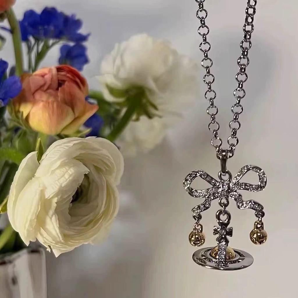 Empress Cixi Planet Pendant & Christmas Bell Bow Brooch Necklace: Luxury Women's Fashion Clavicle Chain