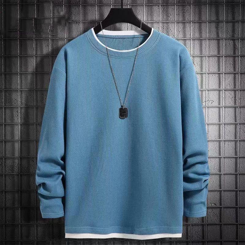 

Unisex Fake Two-Piece Waffle Long-Sleeve Sweatshirt - Loose Round Neck, Solid Color, Large Size for Spring & Autumn M