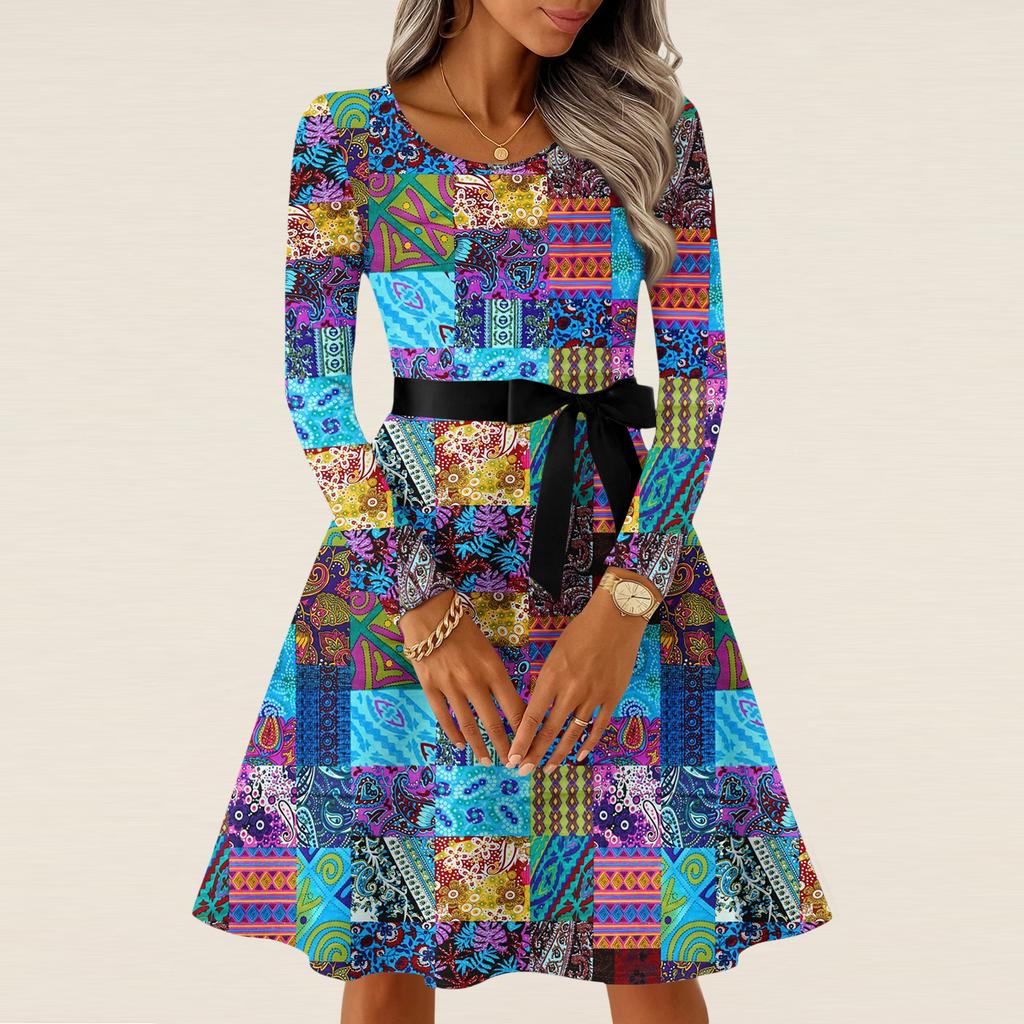 Women's Casual Fashion Long Sleeve  Vintage Long Dresses