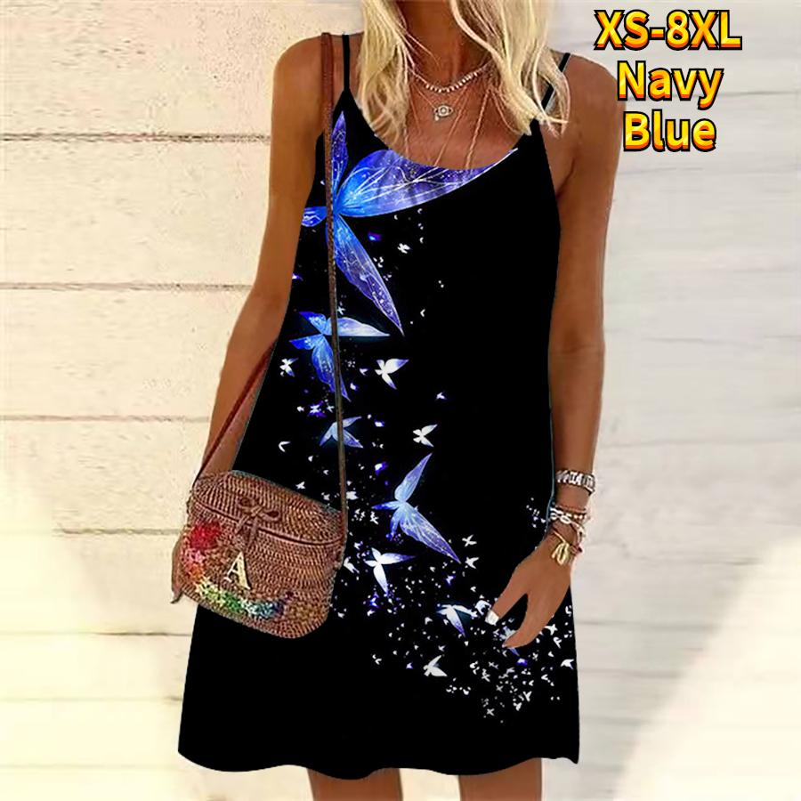 

Женское красивое мини-платье с цветочным принтом и кристаллами и бабочками, праздничное платье без рукавов, летнее пляжное платье, сарафан 8XL темно-синий