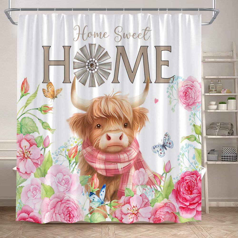 Farm Animals Shower Curtains Highland Cow Pig Horse Rustic Purple Floral Sunflower Autumn Scenery Fabric Bathroom Curtain Decor