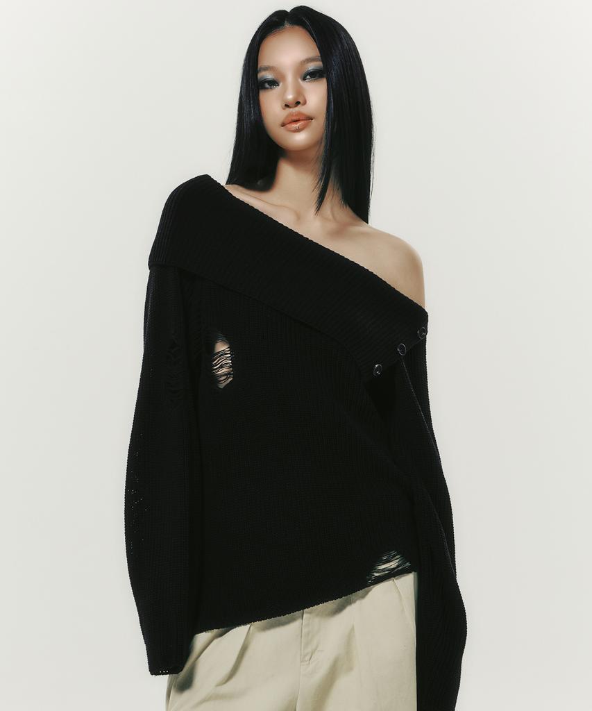 NYXX Damage Off Shoulder Knit Black