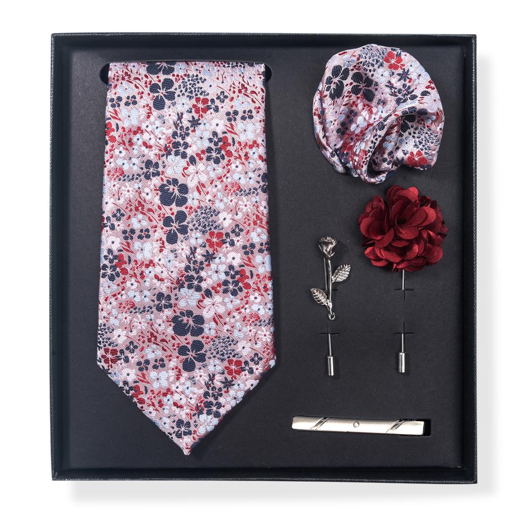 Tie Men'S Trend Net Color Striped Cashew Nut Tie 6-Piece Gift Box Square Scarf Tie Clip Corsage Set