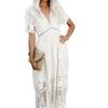 2023 Summer European & American Lace Deep V-neck Short Sleeve Long Dress