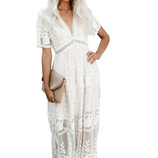 2023 Summer European & American Lace Deep V-neck Short Sleeve Long Dress