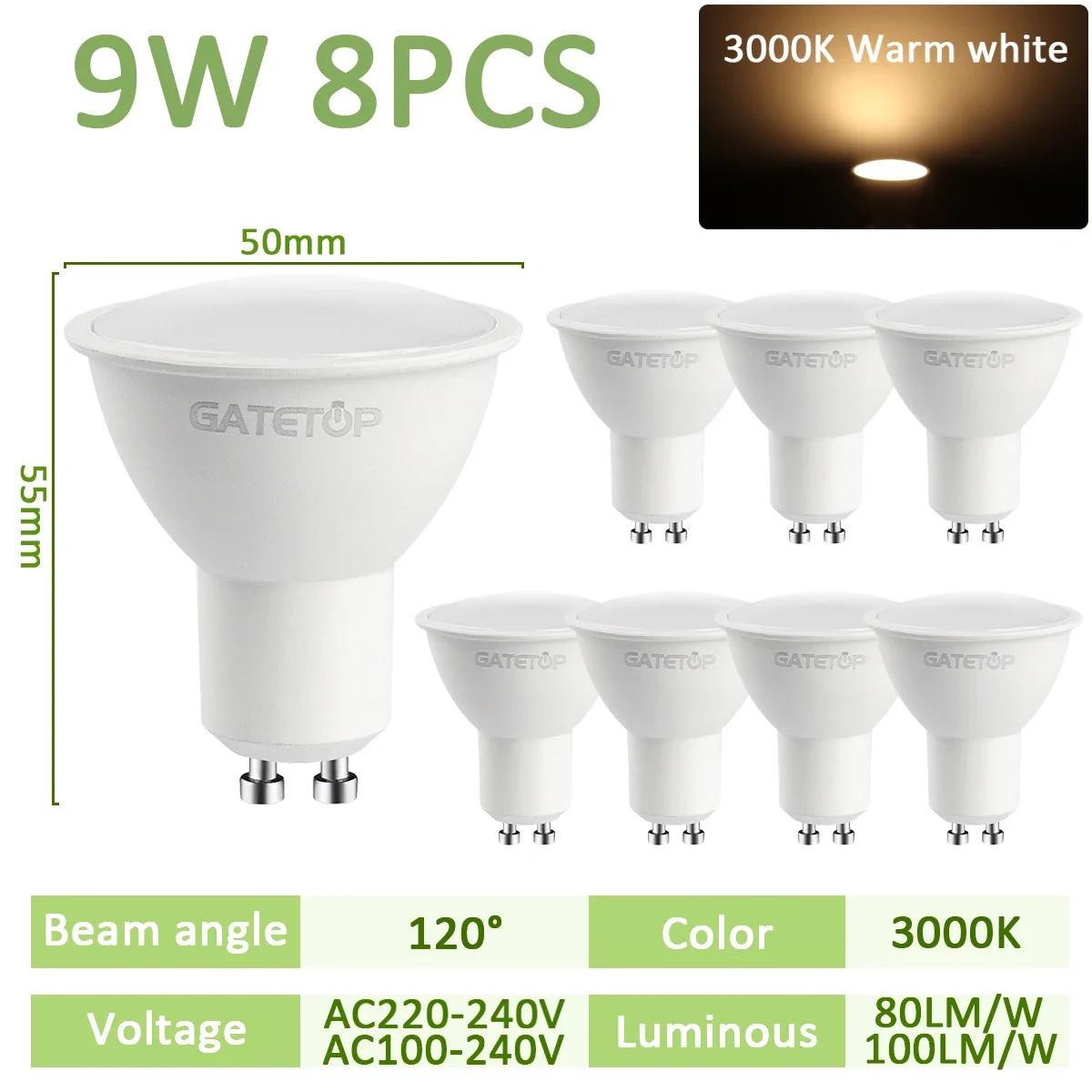

8PCS Super Bright Led Spotlight GU10 Lamp 9W AC 110V 220V Daylight No Flicker Warm White Light for Home Living Room 9W&AC220-240V