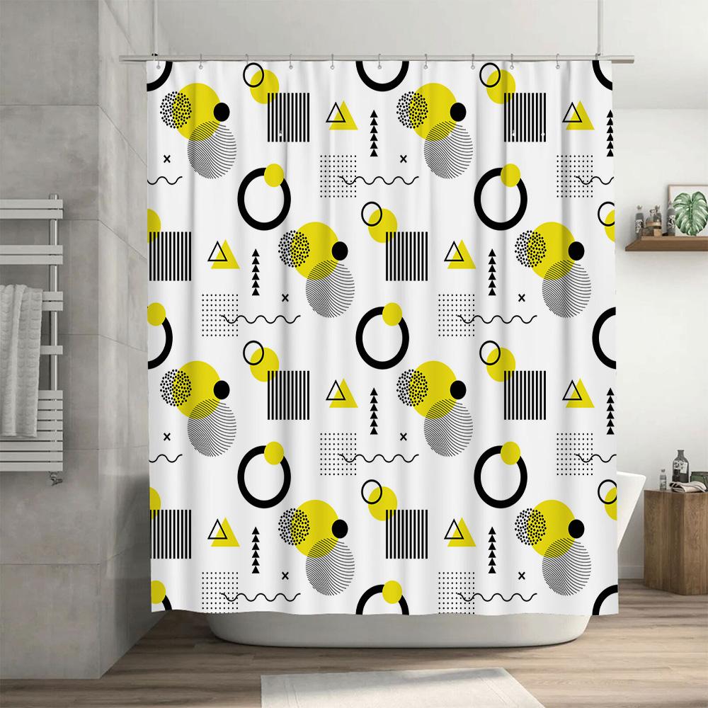 Yellow Black Geometric Shower Curtain Set Modern Bathroom Decor For Kids Room Or Bathing Area Waterproof Fabric With Rings (240X