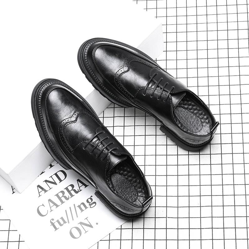 Large Size Brock Leather Shoes 45 Business Dress Youth Trend Thick Sole Heightening Shoes Black Round Head Px25-G