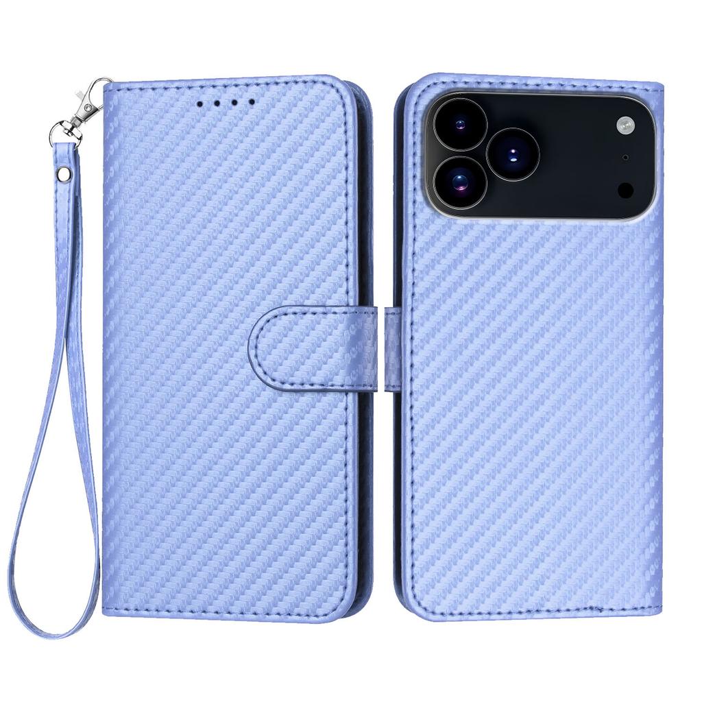 For iPhone 17 Pro Wallet Case with Strap Carbon Fiber Texture Leather Mobile Cover