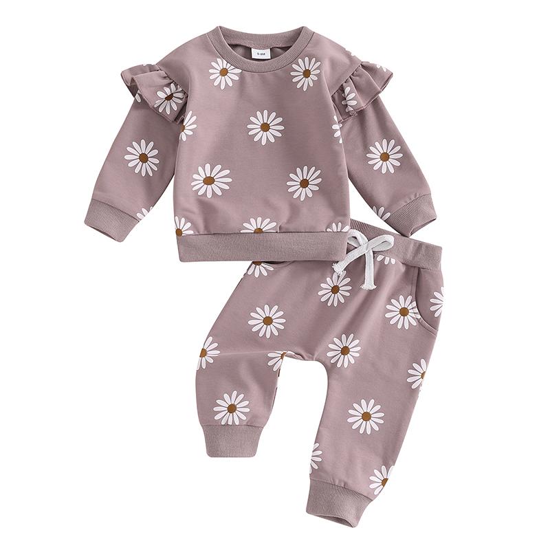 

Girl Fall Outfit Daisy Print Long Sleeve Sweatshirt with Elastic Waist Pants 2 Pcs Set 0-6M фіолетовий