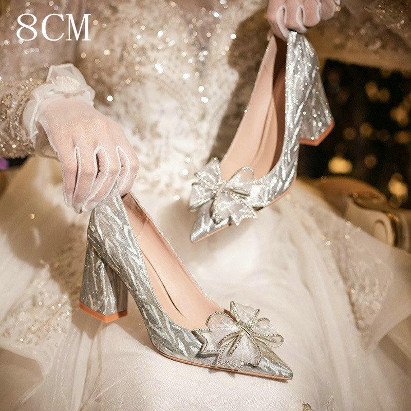 Fashion High Heels Women Silver Chunky Glass Slipper Wedding Shoes Two Wear Gold Mid-Heel Bridesmaid Shoes