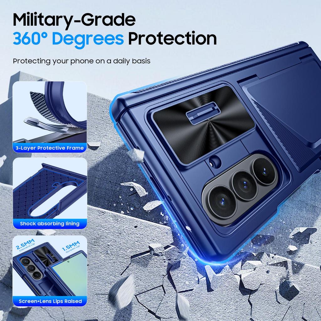 Custodia per Samsung Galaxy Z Fold 7 con Porta Carte, Blocco RFID, Copri Obiettivo Scorrevole Integrato, Protezione Cerniera e Protezione Schermo, Custodia Portafoglio - Blu