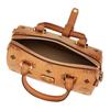 MCM Visetos Cognac Leather Mini Boston Crossbody Bag with Gold Hardware for Daily Use