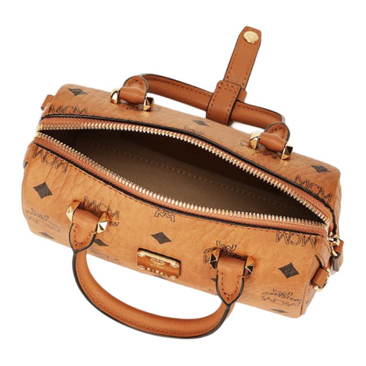 MCM Visetos Cognac Leather Mini Boston Crossbody Bag with Gold Hardware for Daily Use