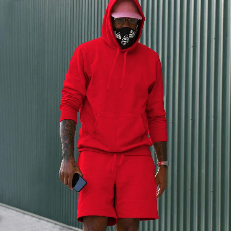 Men's Fleece Hoodie Shorts Two-piece Loose Solid Color Casual Sports Men's Suit