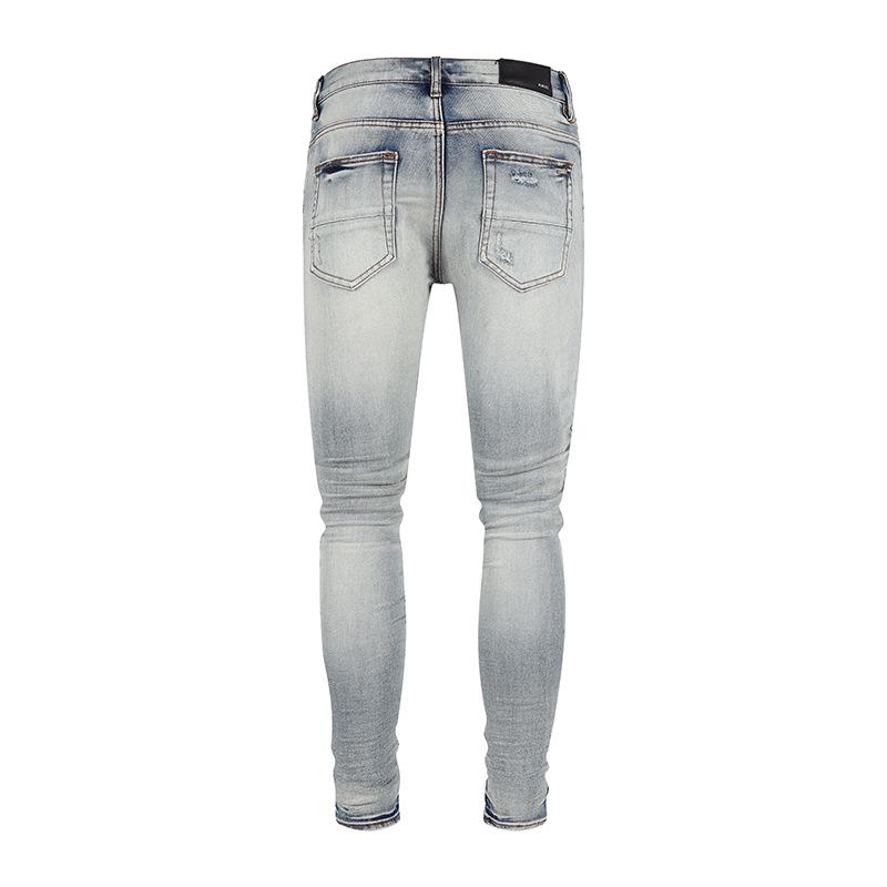 Men's Slim Fit Ripped Patch Button Placket Jeans - European & American High Street Fashion, Blue