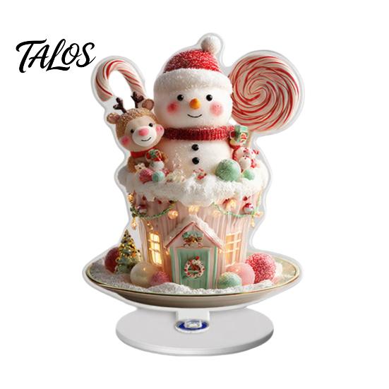 Decorative Rotating Base Acrylic Desktop Ornament, 2D Flat Christmas Santa Snowman Cupcake Plaque with Gift for Home Winter Bookshelf, Mantel,