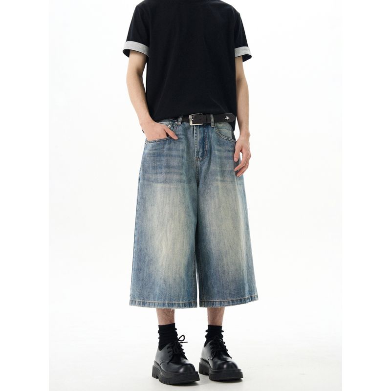 Kisko American Retro Bamboo Texture Washed Vintage Wide-Leg Denim Shorts Unisex New Loose Cropped Pants Ins