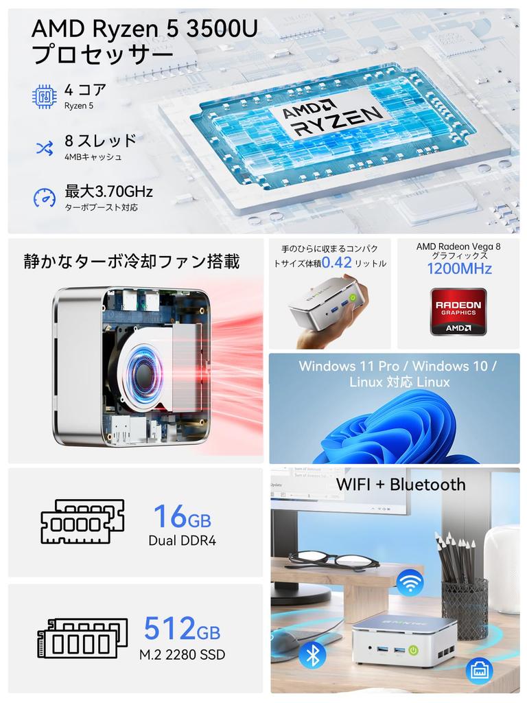 PC with Ryzen 5 faster than GMKtec G10 mini more stable operation up to 4 8 DDR4 16GB NVMe 8TB LAN small quiet x 3 screens 4K output 16GB 512GB [Mini