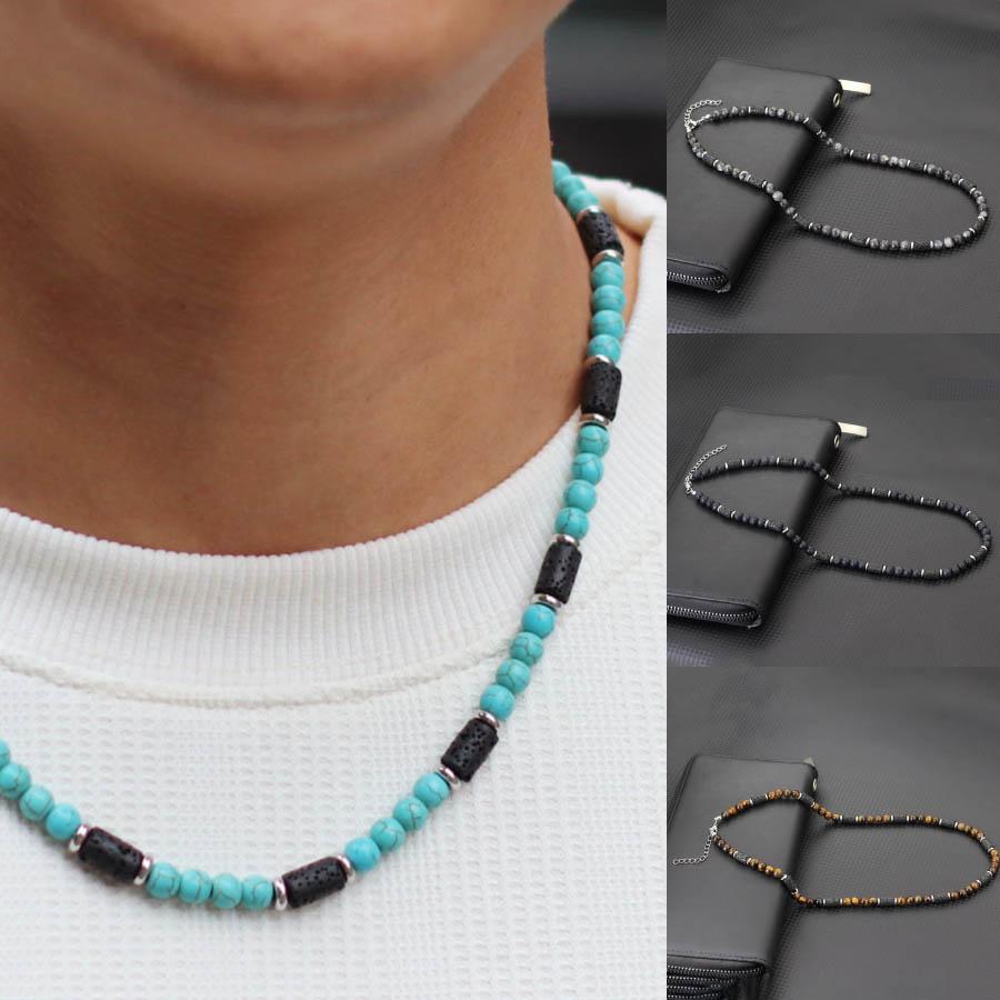 Noter Men Necklace Stainless Steel Buckle Natural Lava Turquoises Onyx Healing Collar Outdoor Cool Riding Neck Accessories Homme
