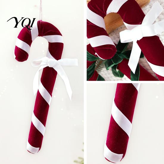 Reusable Holiday Party Pendant Velvet Christmas Candy Cane Ornament, Fabric Decoration with Retro Ornaments Bow, Xmas Tree Hanging Decor for Pendants