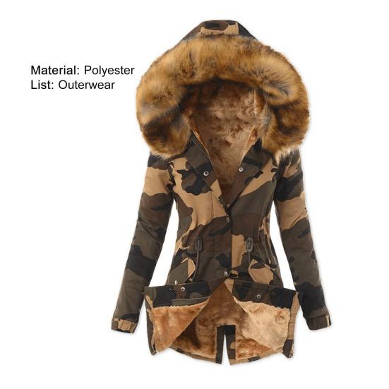 Buttons Closure Long Sleeve Women Coat Waist Drawstring Plush Hooded Fleece Lined Camouflage Print Overcoat Outerwear
