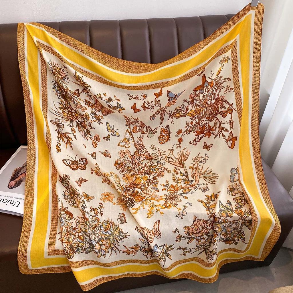 90X90Cm Vintage Butterfly Print Handkerchief Scarf For Women Imitation Silk Shawl Scarfs Female Square Head Scarves