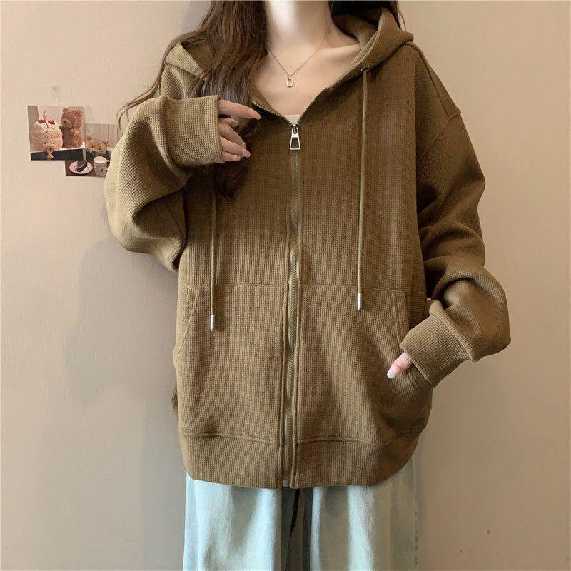 Women's Gray Hooded Sweatshirt: Early Spring 2025 Korean Style Lazy Petite Cardigan Top
