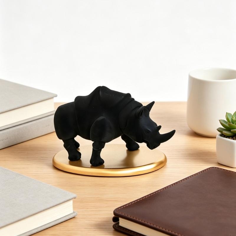 Desk Decors Rhinoceros Sculpture Resin Flocking Animal Figurine for Tabletop Shelf or Cabinet, Modern Accent for Home Office Bed